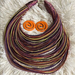 Multicolor Statement Necklace with Orange Spiral Earrings